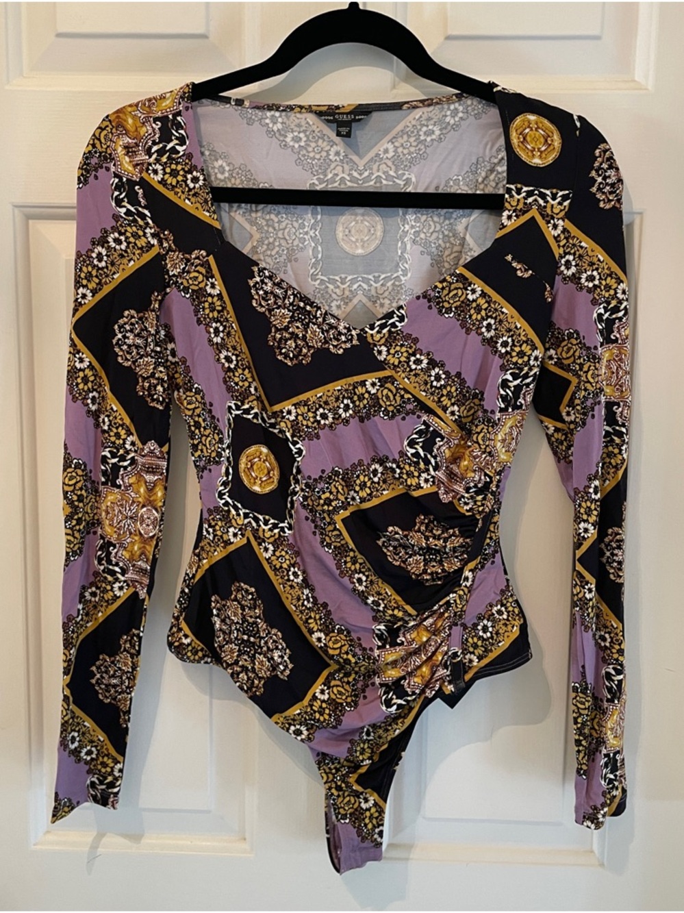 Guess Lavender and Black Baroque-Print Long-Sleeve V-Neck Bodysuit